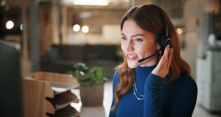 Woman, talk and computer in call centre at night for contact us, online assistance and advice....