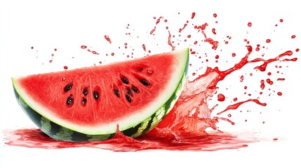 Bright red watermelon splashing with rich watermelon juice, droplets in mid-motion, cut out and isolated on a clean, white background