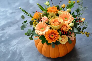 Vase Arrangement with Peach Roses and Gerbera Daisies on Gray Surface