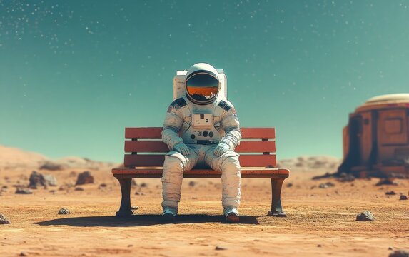 A lone astronaut in a full spacesuit sitting on a bench in a barren desert landscape under a clear sky with scattered stars and a small dome-like structure in the background - Powered by Adobe