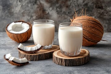 Two glasses of coconut milk with fresh coconut pieces on a textured gray background
