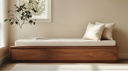Modern living room with warm wood storage bench and ivory cushion