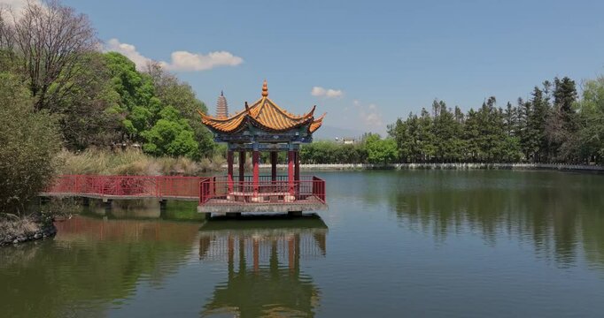 Beautiful dolly shot of Three Pagodas in Buddhist Chongsheng Temple architecture, Dali China