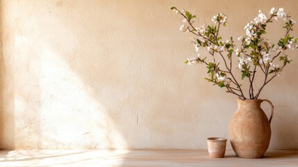 Elegant Ceramic Vase with Flower Branches on Simple Beige Background
