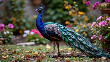 Obraz premium there is a vibrant peacock with its feathers fanned out in full display of its plumage
