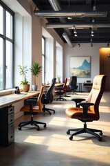 Fototapeta premium Modern office seating arrangement featuring comfortable ergonomic chairs and a sleek desk, ideal for productivity and a stylish workspace , waiting area, contemporary office, comfortable chairs