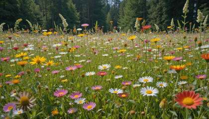 Sunny meadow wildflowers, vibrant blooms, forest background, nature scene	
