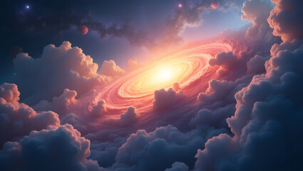 dramatic swirling cosmic clouds, glowing celestial body, vibrant color palette, atmospheric setting, grandiose scale, mystical and otherworldly atmosphere, intricate details, cinematic lighting, mesme