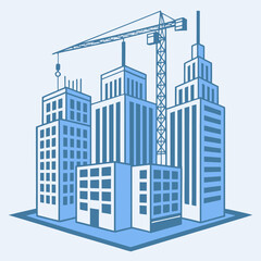 Fototapeta premium image of a growing city with skyscrapers and a crane, highlighting the dynamic process of urban development and construction.