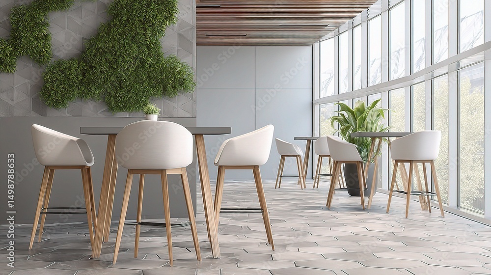 Poster modern breakout area with white stools and high table design