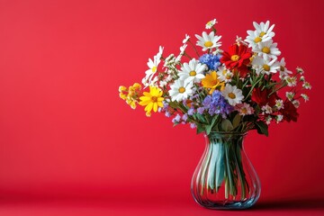 A vase holds daisies and wildflowers on a vibrant red background, studio shot. Use this vibrant floral arrangement for your spring or summer marketing needs.