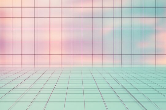 Abstract 3D grid room with transparent walls and floor, soft pastel gradient background blending pink and blue hues, creating a calm and futuristic atmosphere