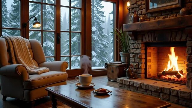 Cozy living room interior with fireplace, armchair, coffee, and snowy trees outside the window high quality 4k video