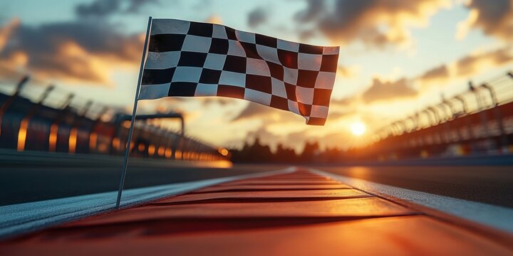 Checkered flag waving on a race track indicating the finish line during a glowing sunset with blurred grandstands and soft clouds in the sky
