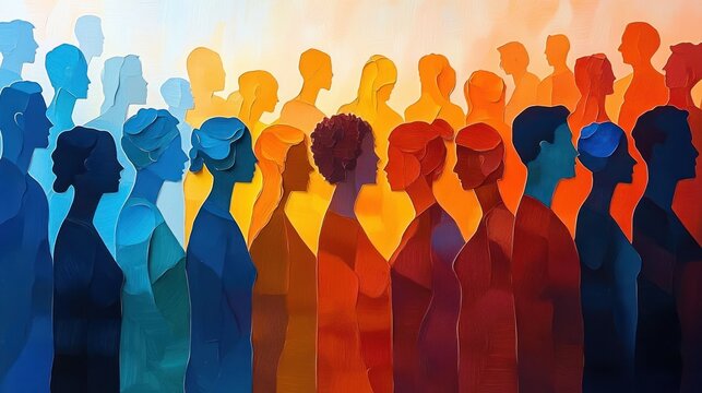 Abstract painting of diverse human silhouettes in profile facing each other with vibrant transition from blue to red hues, symbolizing connection and unity