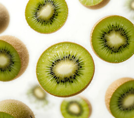 Fototapeta premium Floating kiwi slices in mid-air with white background, minimalistic surrealism.