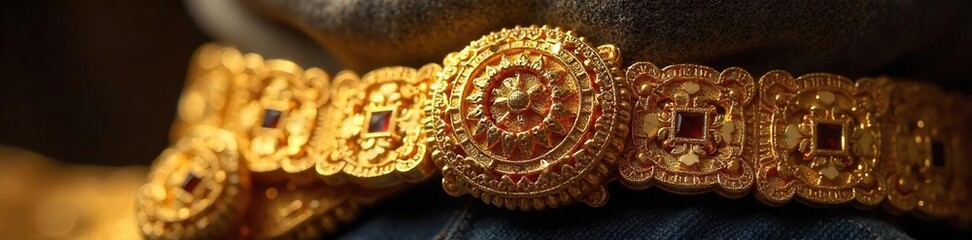Obraz premium Close-up of a gleaming golden belt, intricate details showcased, luxurious texture, perfect for fashion, jewelry, or accessories advertising , fashion, metallic, gleam