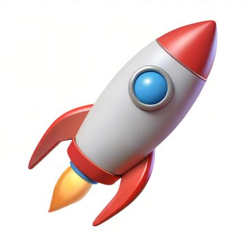 A 3D cartoon rocket slowly rotates around its vertical axis while suspended in mid-air. The fire underneath remains steady as the rocket turns. White background, smooth reflections, seamless loop.