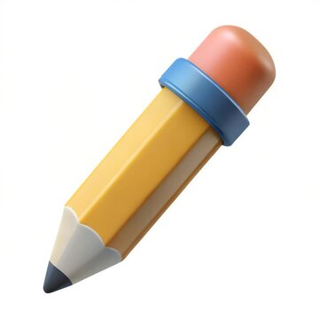 A 3D cartoon-style pencil tilts forward and moves gently in a curved motion, as if writing or drawing on an invisible surface. Smooth motion, white background, seamless loop.