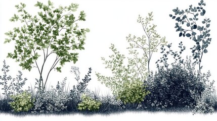 Delicate watercolor painting of various leafy bushes and plants with shades of green and blue on a white background