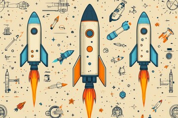 Rockets launching, space exploration, engineering drawings background, innovation concept