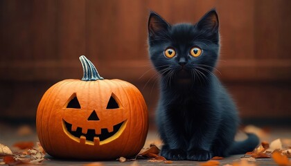 black kitten with bright amber eyes sitting next to a carved pumpkin with a smiling face on a wooden floor surrounded by autumn leaves, evoking a cozy and seasonal atmosphere