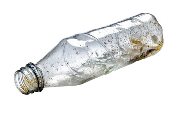 Discarded plastic bottle with dirt and water drops on black background, cut out