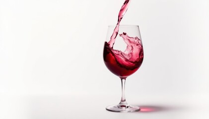 Rich red wine, swirling in a glass against a bright white backdrop, oaky, droplet