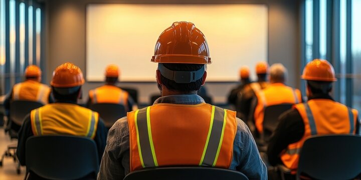 Group of construction workers wearing orange reflective vests and helmets attending a training session or meeting in a modern conference room