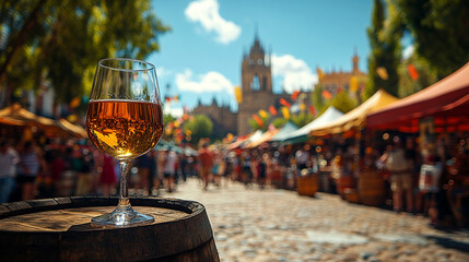 Glass of chilled fino sherry on a barrel at Seville April Fair, surrounded by blurred colorful tents and festive atmosphere.