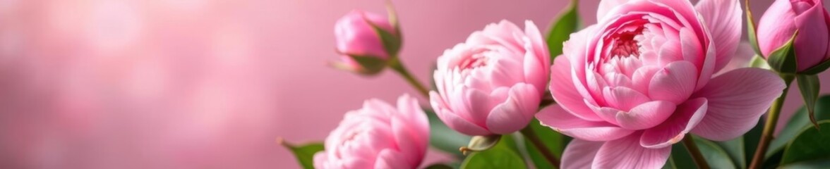 Fresh pink peony and rose bouquet, ample empty area , plant, element