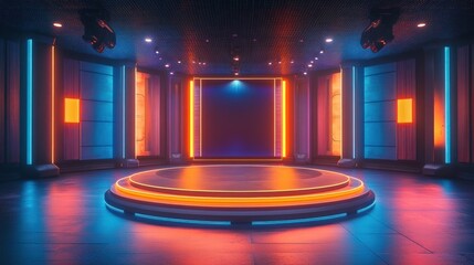 Empty futuristic stage with round platform illuminated by orange and blue neon lights inside a modern studio with grid ceiling and wall panels
