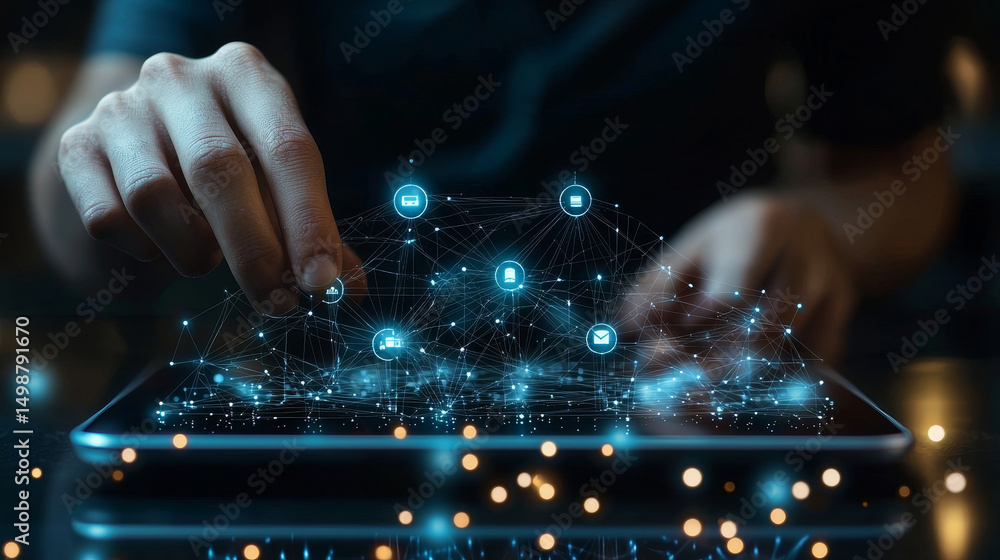 Poster modern virtual interface displaying business and network icons as man interacts via digital tablet