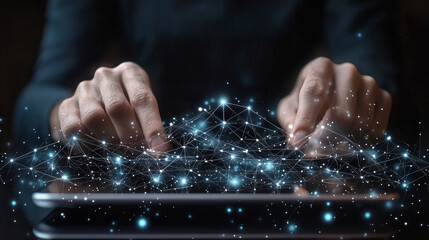 Startup concept with icon business and network connection on modern virtual interface from digital tablet.man touching on tablet