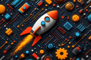 Rocket launching on circuit board, innovation concept