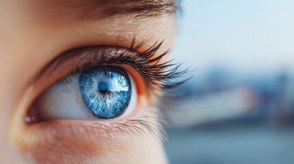 Close-up of human eye with distant horizon sharply focused through pupil, symbolizing vision boundaries and perspective, shallow depth of field. Concept of seeing beyond limits and exploring new horiz