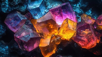 Crystals of various colors, shapes, and sizes are displayed on a dark surface. It is suitable for geology, new age, or metaphysical themes and backgrounds.