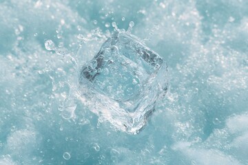 Obraz premium Chilled Cube Impact: A crystal-clear ice cube plunges into water, creating a mesmerizing display of splash and ripples. Capturing the essence of freshness.