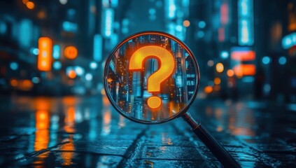 Magnified bright orange question mark symbol in the center of a city street at night with glowing blue and orange neon lights creating a mysterious and contemplative atmosphere