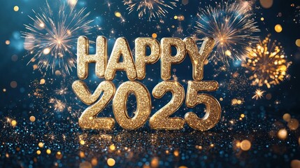 sparkling golden letters spelling happy 2025 with bright fireworks exploding in the dark night sky celebrating new year joy