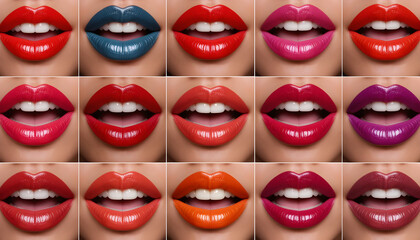 Obraz premium Close-up grid of fifteen open mouths displaying various vibrant lipstick colors showcasing diversity and artistic expression on lips and teeth