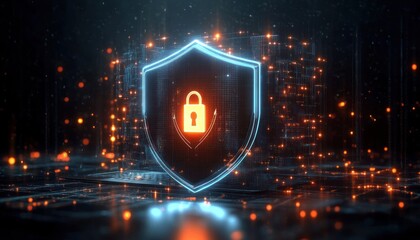 Digital glowing shield with a central locked padlock symbol surrounded by floating orange and blue data points representing cybersecurity and data protection