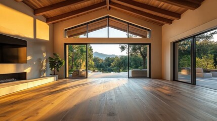 Spacious empty room with wooden floor and vaulted wood ceiling featuring large glass doors opening to outdoor patio and scenic green landscape with mountains