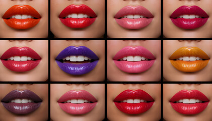 Obraz premium Close-up grid of fifteen open mouths displaying various vibrant lipstick colors showcasing diversity and artistic expression on lips and teeth