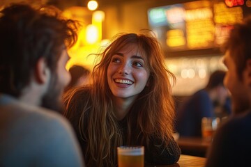 young woman smiling warmly and engaging in conversation with two men at a dimly lit bar or pub with blurred background and warm lighting