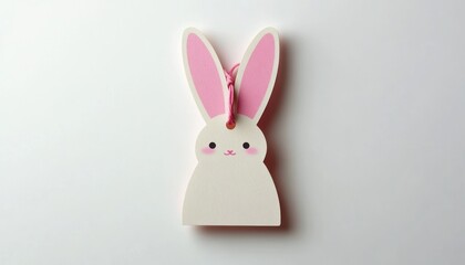 Obraz premium Cute white and pink bunny-shaped tag with smiling face and blush on cheeks on plain white background