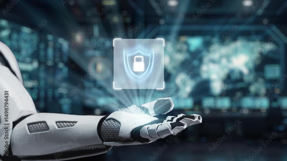 Poster a robot hand presenting a digital security shield symbolizing advanced cybersecurity. the scene feat