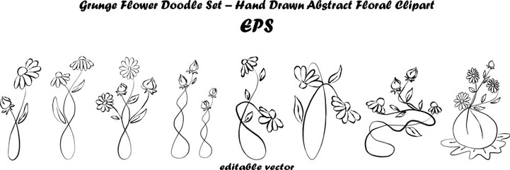 Grunge Flower Doodle Set – Hand Drawn Abstract Floral Clipart.expressive botanical collection is ideal for digital scrapbooking, stickers, POD, zine art, aesthetic journaling, modern graphic project