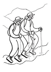 A couple of senior men and women are hiking in the mountains. They climb the mountains with equipment. They wear hats, backpacks. They walk along the trail. Line art. Black outline. White background.