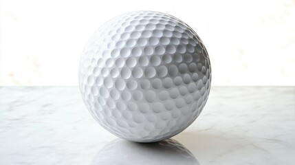 Close-up of a white golf ball with dimples on a smooth reflective surface with soft natural light